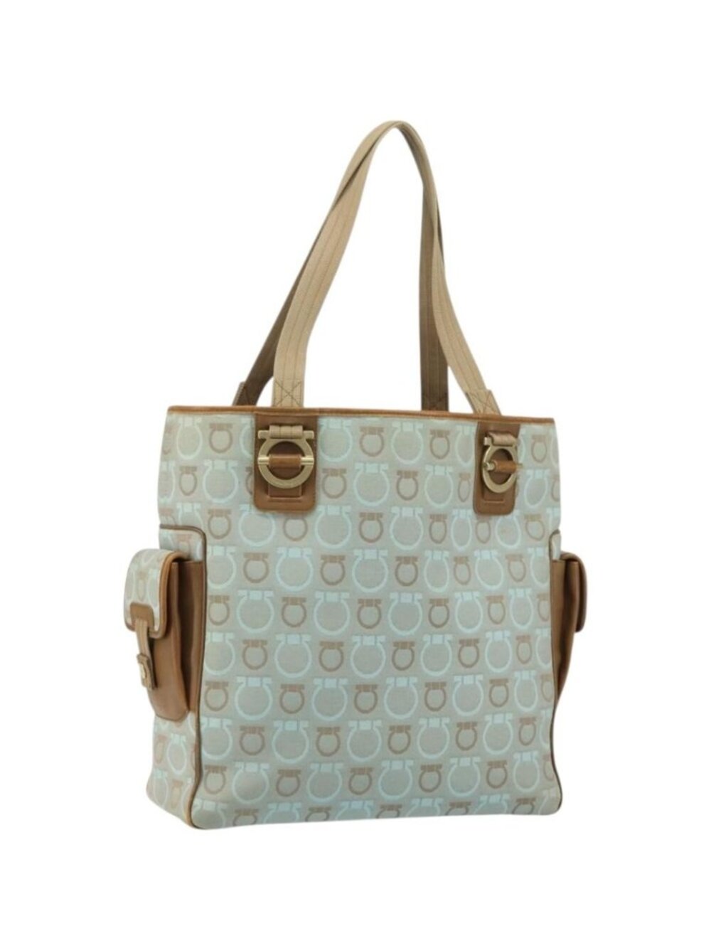 Salvatore Ferragamo Gancini Tote Bag Canvas Light Blue Gold